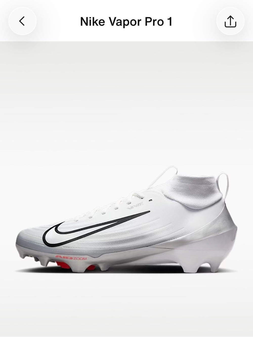 Nike Men’s Vapor Pro 1 Cleats - White/Black size 12, barely used